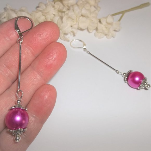 Long Earrings, Fuschia Pink and Silver, Dangle and Drop Earrings, Beaded 7453 - Picture 6 of 8